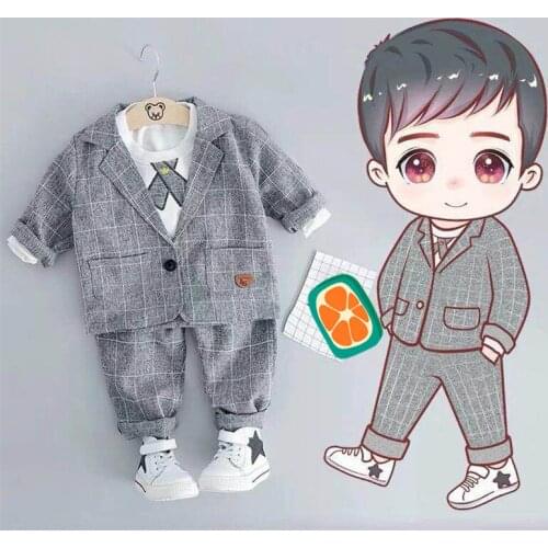 Baby Boys Clothing Male Children Suit Gentleman Tie Formal Style Plaid Coats Shirt Pants 3Pcs/sets Kids Infant Clothes suit set