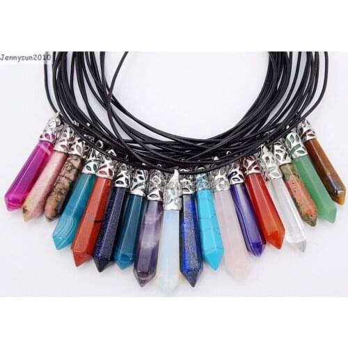 Mixed Natural Gems Stones Long Hexagonal Pointed Healing Reiki Chakra Pendant with Black Leather Cord Necklace 18'' 5 Sets/pack