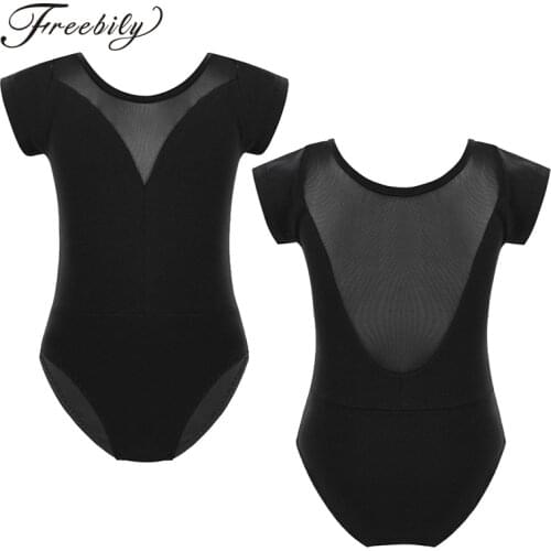 Girls Round Neck Mesh Splice Ballet Leotards Dance Wear Kids Gymnastics Leotard Bodysuit Child Practice Stage Dance Costumes