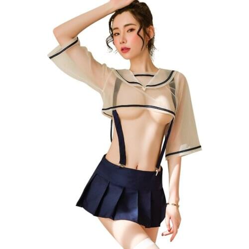 Sexy See Through Mesh Tops + Skirt Sets Japanese School Uniforms Women Cute Rabbit Ears Sailor Collar JK Student Suit Babydoll
