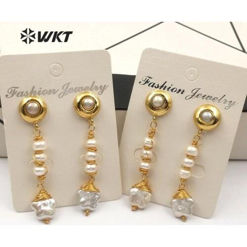 WT-E554 Natural Freshwater Pearl Earring Cute Flower Shape Pearl Pendant With Brass Wire Wrapped Pearl Earring