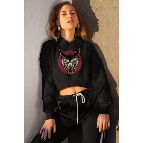 Angemiel Wear Aggressive Wolf Women 'S Black Short Hooded Sweatshirt