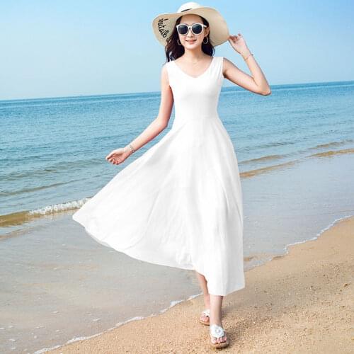 2021 New Summer Women Fashion Casual Beach Style Sleeveless Vintage Elegant Vestidos Female Bohemian Outerwear Solid Dress B86
