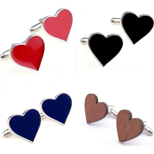 10pairs/lot Copper Enamel Red/Blue/Black Wood Heart Cufflinks Wooden Heart Shape Cuff Links Mens Jewelry Accessory Wedding Gift