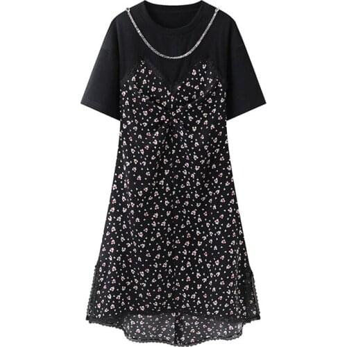 2021 Summer High Waist Round Neck Slim Floral Patchwork Dress For Teens Girl Black Color 16 18 Years Teenager Young Ladies