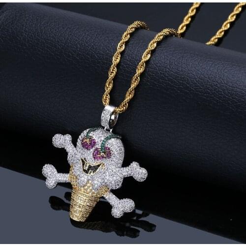 Bling Ice Out AAA CZ Stone Gold Silver Color Pirate Skeleton Skull Ice Cream Pendants Necklaces for Men Hip Hop Rapper Jewelry