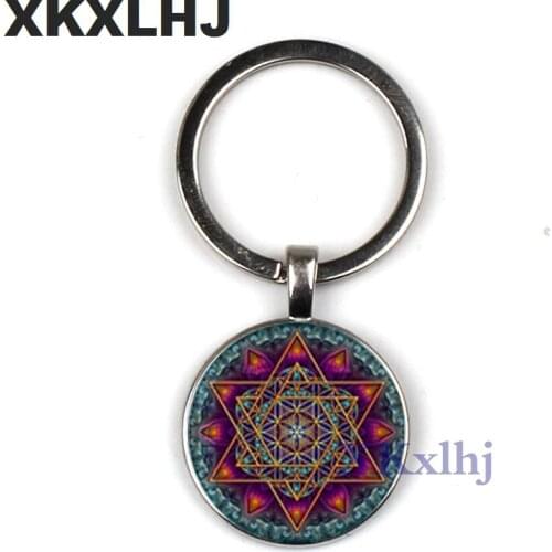 XKXLHJ Mandala Holy Lotus Keychain 3D Flower Art Photo Glass Cabochon Time Gem Bag Charms Car Key Chain OM Yoga Key Ring Holder