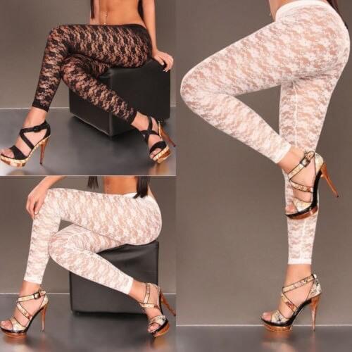 Erotic Sexy Fitness Skinny Pants Women High Waist Pants Flower Lace See-through Leggings Pants