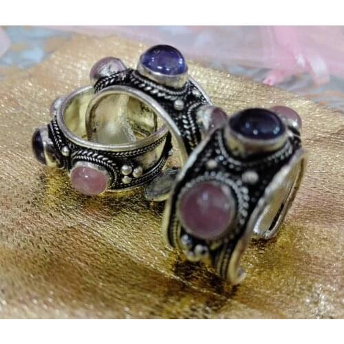1 Piece Excellent Bright Pink Purple Crystal Bead Ring Old Tibet Silver Buddhism Nepal Ring Adjustable charm Party Unisex Gift