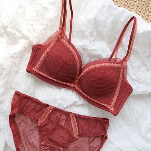 EFIOLY New Romantic and Sweet Underwear Set, Womens No Steel Ring Gathered and Adjusted Deep V Wave Dot Mesh Seamless Bra Set