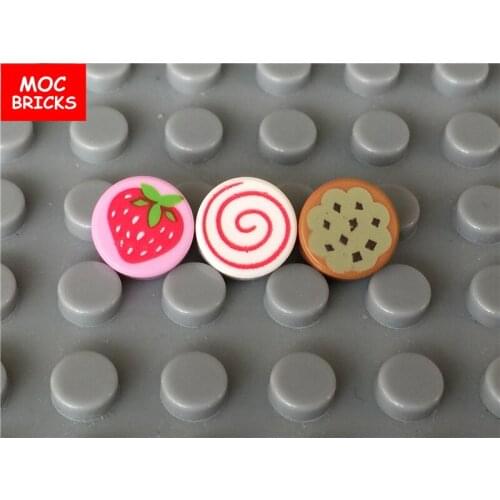 10pcs/lot MOC Bricks Food sugar Round 1 x 1 with Strawberry cookies Pattern Building Blocks DIY Toys children gift