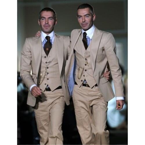 2021 Tailor-Made Beige Wedding Men Suit Slim Fit Tuxedo 3 Piece Suits Groom Prom Best Man Blazer Groomsmen Terno Masculino Suits