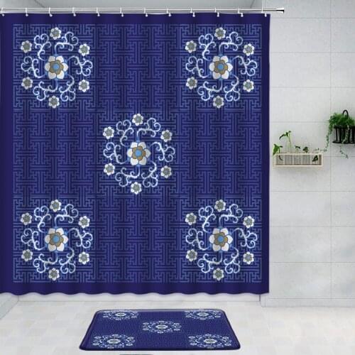 Creative Ethnic Pattern Blue Background Shower Curtain Set Bath Mats Rug Anti Slip Washable Room Kitchen Bathroom Decor Curtains