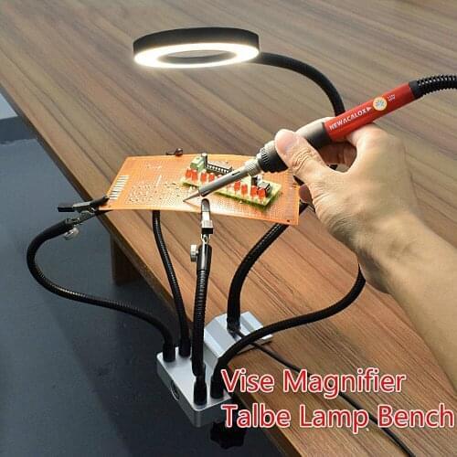 LED 3X Magnifier Bench Vise Table Clamp Soldering Helping Hand Soldering Station USB 5pc Flexible Arms Third Hand Tool