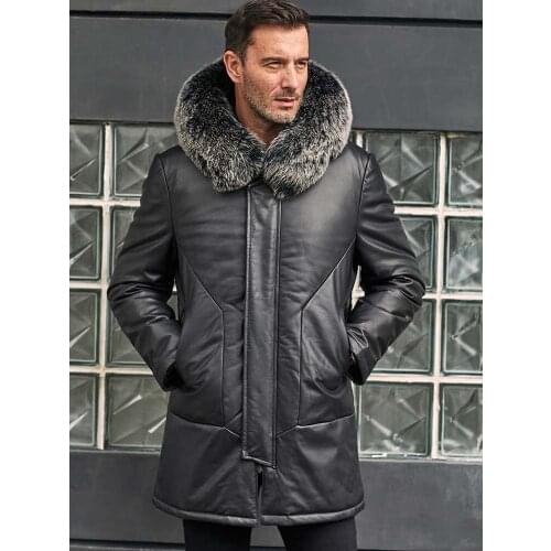 Mens Cowhide Coat Genuine Leather Down Jacket With Fox Fur Collar Hooded Winter Overcoat Long Warm Outwear