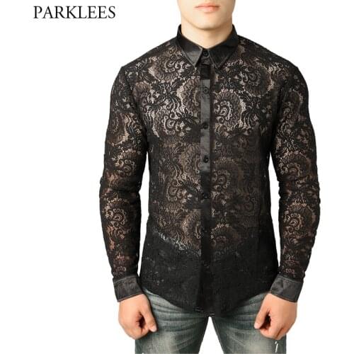 Mens Mesh See Through Fishnet Clubwear Shirts Slim Fit Long Sleeve Sexy Lace Shirt Men Party Event Prom Transparent Chemise 2XL