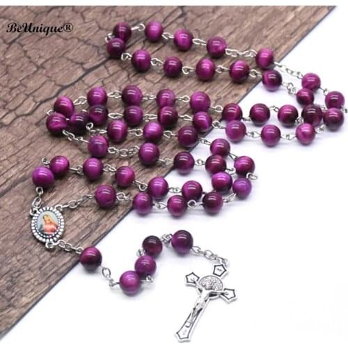 2020 New Plum purple color Natural Tiger eye stone Rosary cross necklace Virgin Mary centerpiece pendant Christian Luxury gifts