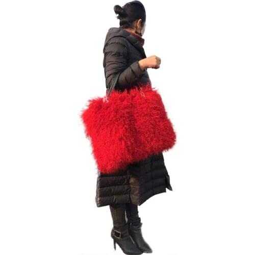 Wholesale Fashion Women Sheep Fur Tote Bags / Genuine White Lamb Fur Handbag