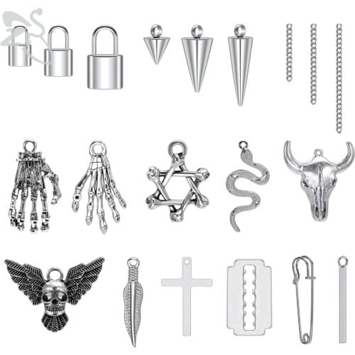 ZS 1 PC Gothic Punk Necklace Earring Pendant Stainless Steel DIY Accessories Vintage Skull Lock Cross Hand Chain Cone Pendants