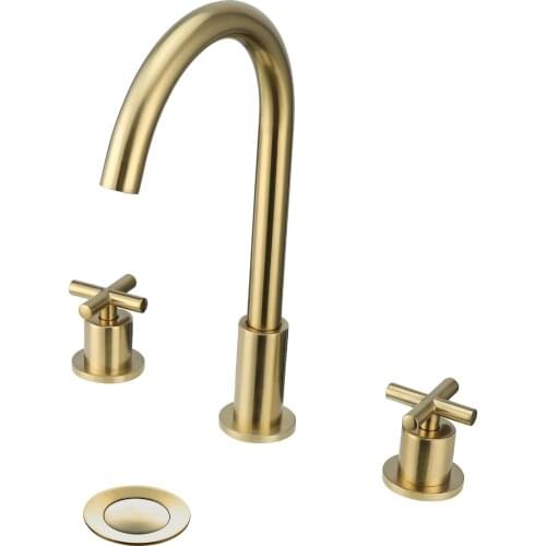 Double Handle Three Hole Basin Faucets Brushed Gold Brass Deck Mounted Bathroom Sink Faucet Hot And Cold Water Mixer Tap