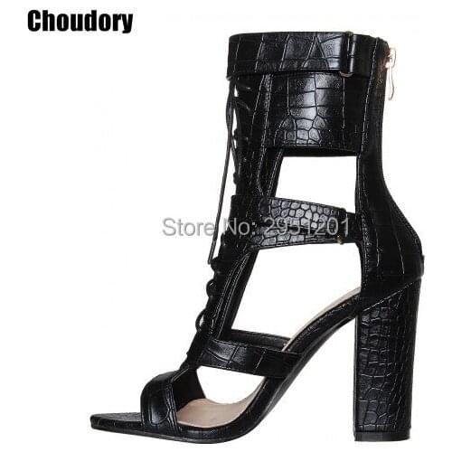 Newest Sexy Leather Women Open Toe Sexy Lace Up Sandals High Heels Summer Ladies Cut Outs Thick Heel Pumps Shoes Woman