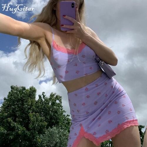 Hugcitar 2021 Sleeveless Floral Print Sexy Crop Top Skirt 2 Pieces Set Summer Women Fashion Lace Patchwork Y2K Tracksuit