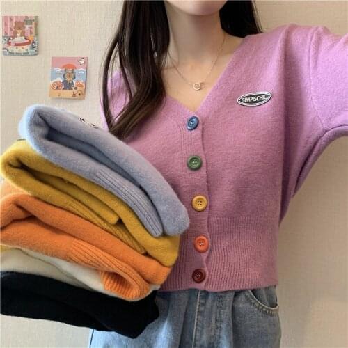 New Korean Sweet Cardigan Sweater Women Single Breasted V-neck Long-sleeved Knitted Jacket S-4XL Short Vintage 6 Colors Clothes