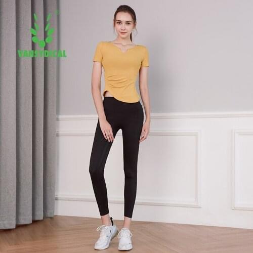 Vansydical 2Pcs Women Sport Suit Gym Set Sexy Short Sleeve Seamless Pants Workout Running Clothing Gym Wear Athletic Yoga Set