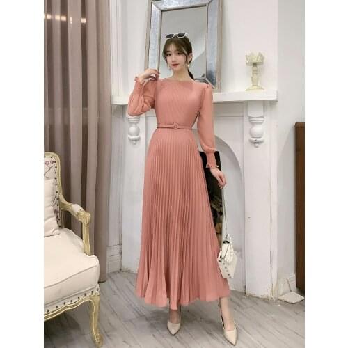 FMFFSOM Summer French Pleated Maxi Dress Women Elegant O Neck Long Sleeve A-line Dresses Fashion Party Long Dress With Belt