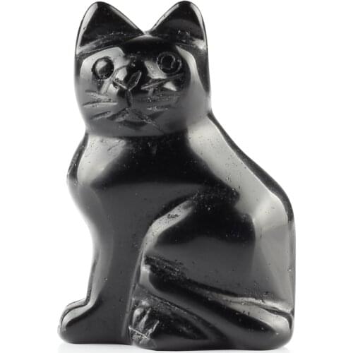 2.0inches Black obsidian Opal Natural Stone Carved Cat Figurine Carving Chakra Healing quartz Reiki Free Pouch