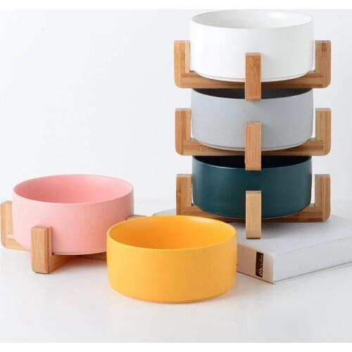 2pcs/lot Antiskid ceramic pet dog bowl wooden rack pet cat dog rice bowl splash proof and leak proof cat food Basin