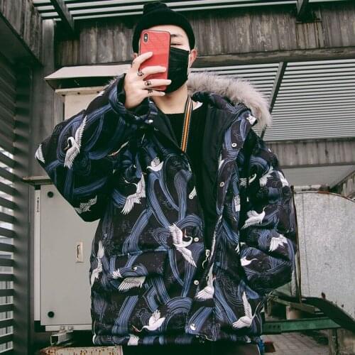 2018 Winter Warm Fur Coat Fashion Thick Crane Printing Jacket Oversize Warm Couples Coat