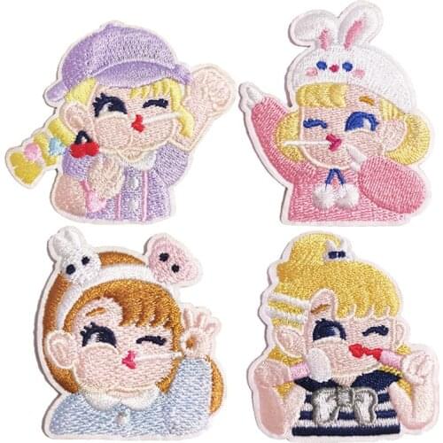 4pcs/set Lollipop Girl Embroidery Patches Stick on Patch Self-adhesive Cloth Stickers for DIY Clothing T-shirt Sewing Decoration