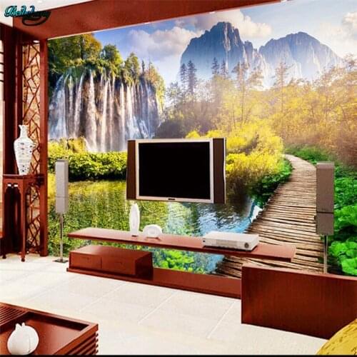 Beibehang Custom Wallpaper Water Saving Water Landscape Waterfall Big Trees Bridge TV Background Decoration