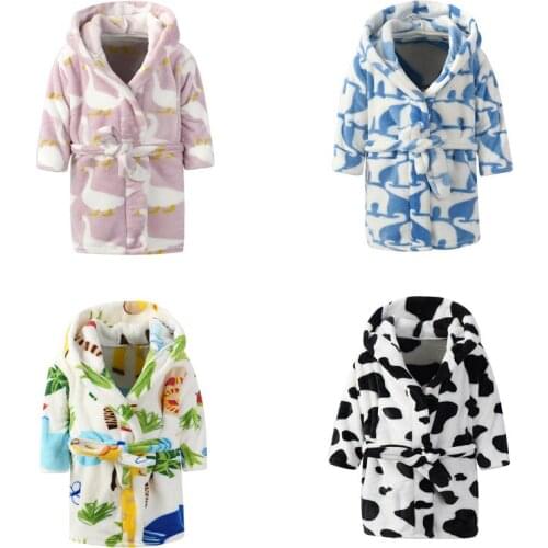 Kids Pajamas Baby Winter Sleepwear Flannel Robe Hooded Kids Bathrobe Lovely Cartoon Design Boys Girls Housecoat 2-8Years