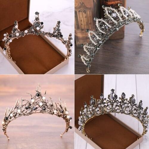 Vintage Baroque Black Women Tiara And Crowns Crystal Wedding Bride Queen Princess Diadems Hair Jewelry Handmade Hair Accessories