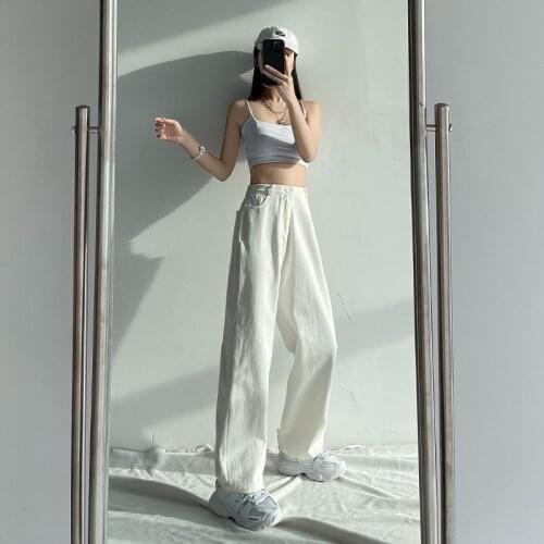 White Straight Jeans Harajuku Vintage Women Wide Leg Pants Loose High Waist Slim Casual Denim Trousers Streetwear