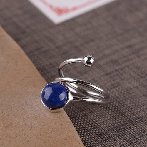 FNJ 925 Silver Natural Lapis Ring Original S925 Sterling Silver Rings for Women Jewelry Open Adjustable Size Blue Stone Lazuli