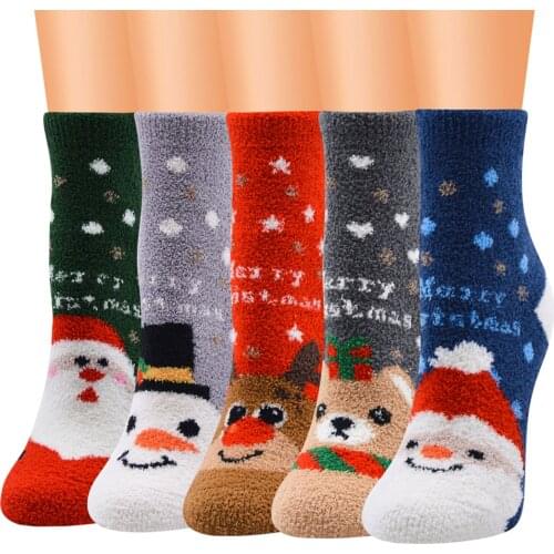 Hirigin Winter Fashion Women Christmas Elk Printed Cold Protection Warming Floor Sock Coral Fleece High Elastic Calf Socks