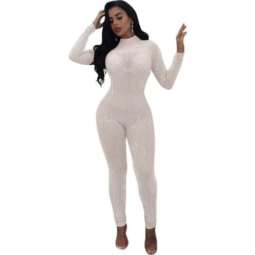 Sexy Long Sleeve Sheer Jumpsuits Fashion Mesh Geometric Rhinestone See-Through Romper Sparkly Overalls Body Suit Teddies Bodysui