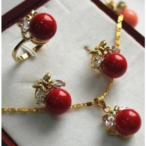 Fashion jewelry new Design 10mm Red Shell Pearl Earring Ring Pendant & Jewelry Set