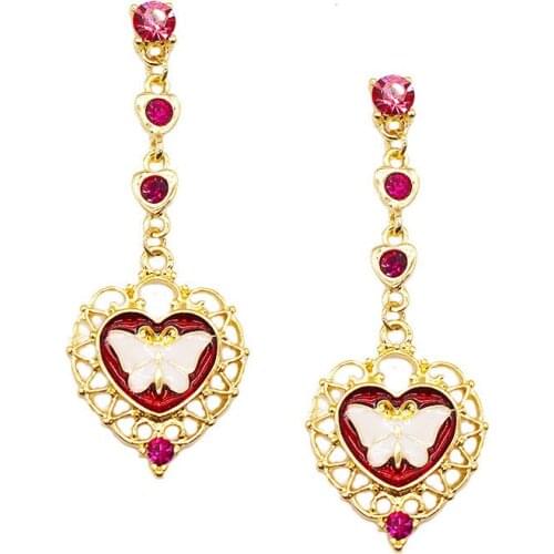 Fashion Ornament Wholesale De-Lovely Golden Heart-Shaped Pink Crystal Butterfly Pendant Ear Dangle Earrings Free Shipping VGE025