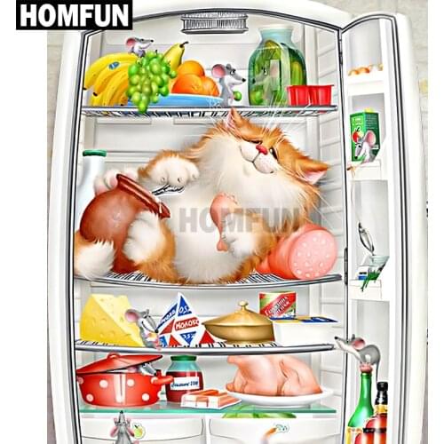 HOMFUN Full Square/Round Drill 5D DIY Diamond Painting "Refrigerator cat" Embroidery Cross Stitch 5D Home Decor Gift A02376