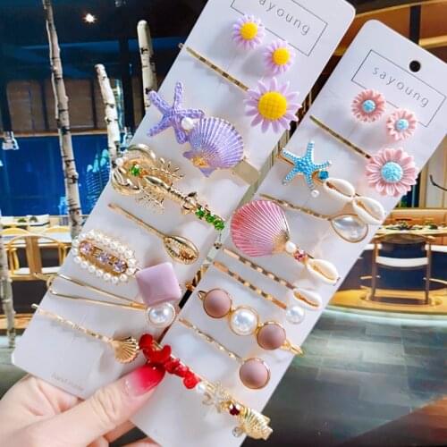 Cheap Hair Clip For Women Fashion Girl Hairpin Set Korean Acrylic Shell Crystal Barrette Starfish Flower Kawaii Hair Accessories