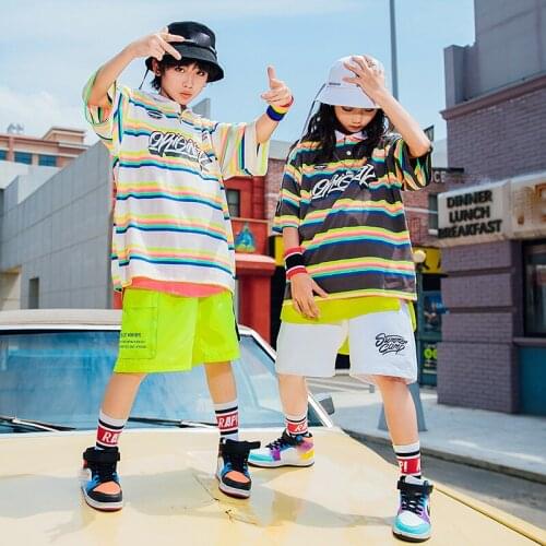 2021 Summer Short Sleeve Stripe T-Shirts Shorts Jazz Dance Performance Costumes Boys Girls Modern Dance Hip Hop Clothes DQS7160
