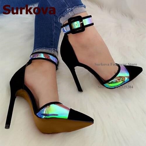 Surkova Hologram Iridescent PVC Banquet Shoes Reflective Shiny Thin Heel Dress Pumps Black Suede Patchwork Square Buckle Shoes