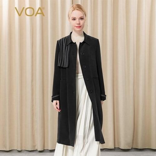 VOA 30m/m Silk Pointed Collar Bright Thread Decorative Strap Waistband Single Row Buckle Long Sleeve Fake Two Windbreake FE55