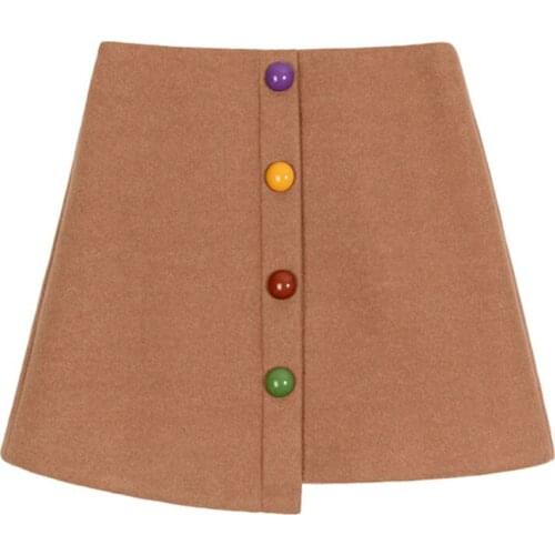 PERHAPS U Women Blended Skirts A-Line Solid Mini Short Autumn Winter Chic Elegant Zipper Black Khaki Colorful Button Think S0250