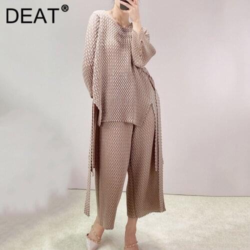 DEAT Women Pleated Suit Asymmetry Lacing Long Sleeve Shirt + Wide Leg Elastic Pants Casual Style 2021 New Autumn Fashion 15JK461