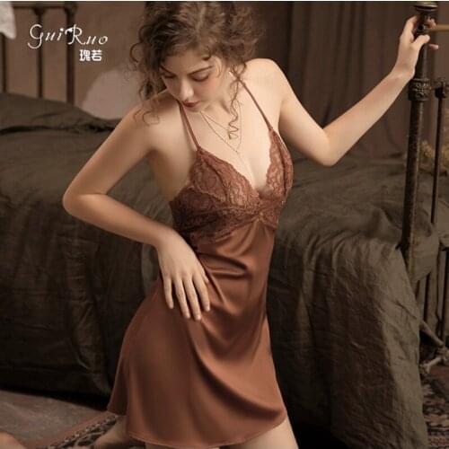 Summer Autumn Elegant Lady‘s Home Lace Sexy Women Skirt Uniforms Sexy Lingerie Underwear Nightdress Deep V Female Pajamas Dress